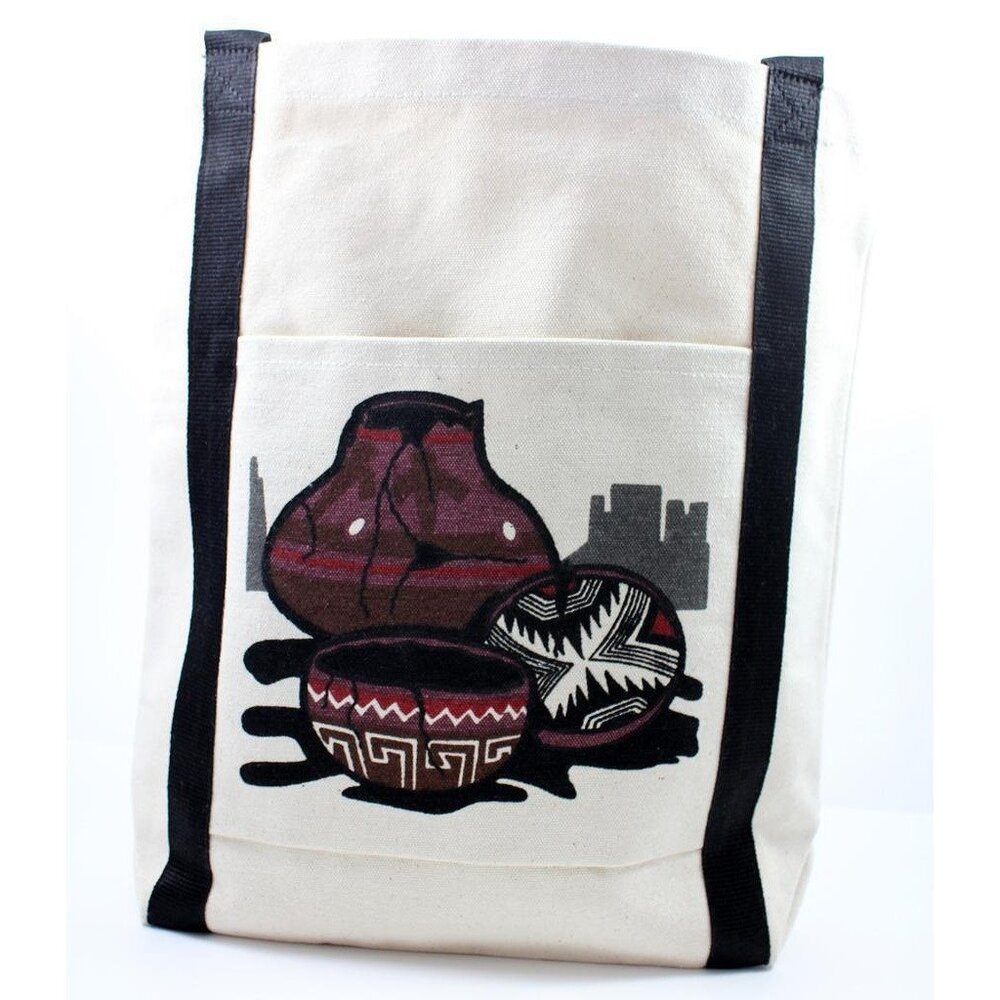 Stenciled Mimbres Pottery Canvas Tote Bag Front Pocket Southwest Design NEW